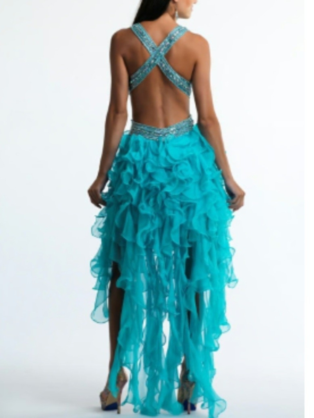 😍Dave & Johnny Turquoise Ruffle High-Low Dress with Beaded Crisscross Straps S2